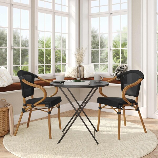 Flash Furniture Marseille French Bistro Stacking Chair w/Arms, Black Textilene and Bamboo Print Aluminum Frame, 2PK 2-SDA-ADS642108-BK-NAT-GG - main